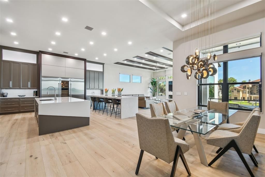 Dining room, Interior, Kitchen, Pendant Lights, Recessed Lighting, Stainless Steel Appliances, Wooden Beams, Wood Texture Flooring