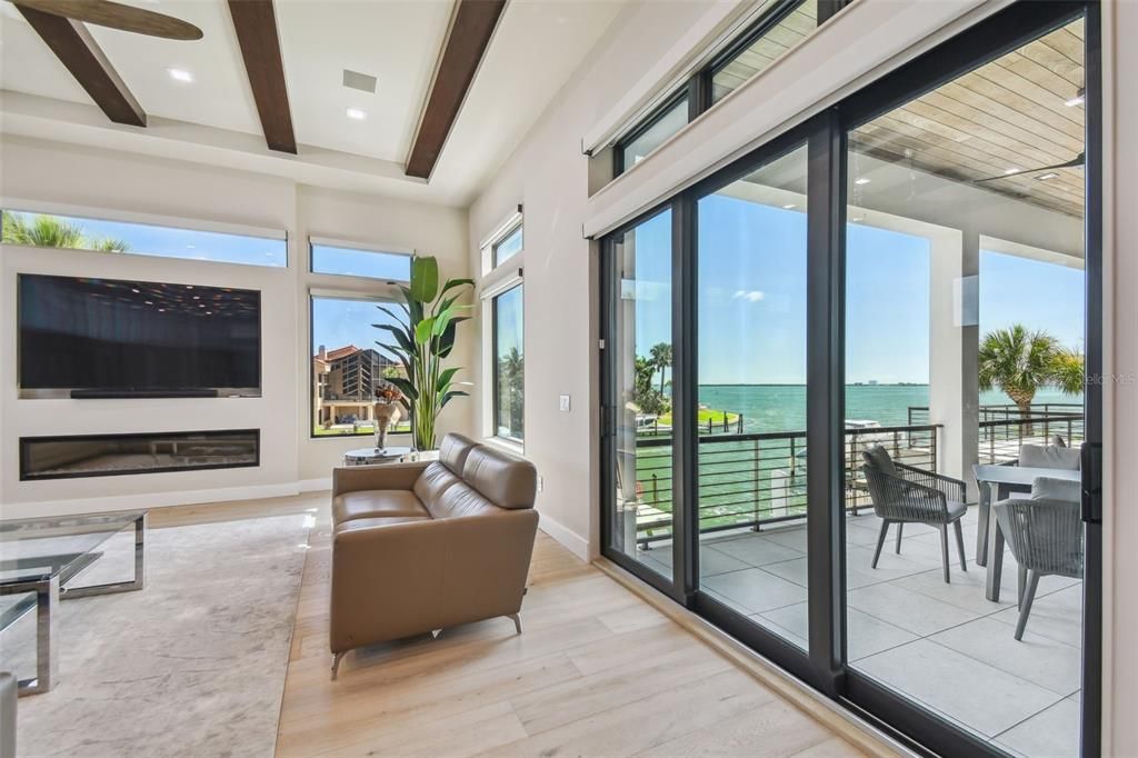 Fireplace, Interior, Recessed Lighting, Water, Wooden Beams, Wood Texture Flooring