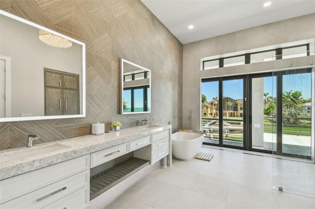 Bathroom, Chandelier, Dual Sink Vanities, Free Standing Baths, Interior, Recessed Lighting