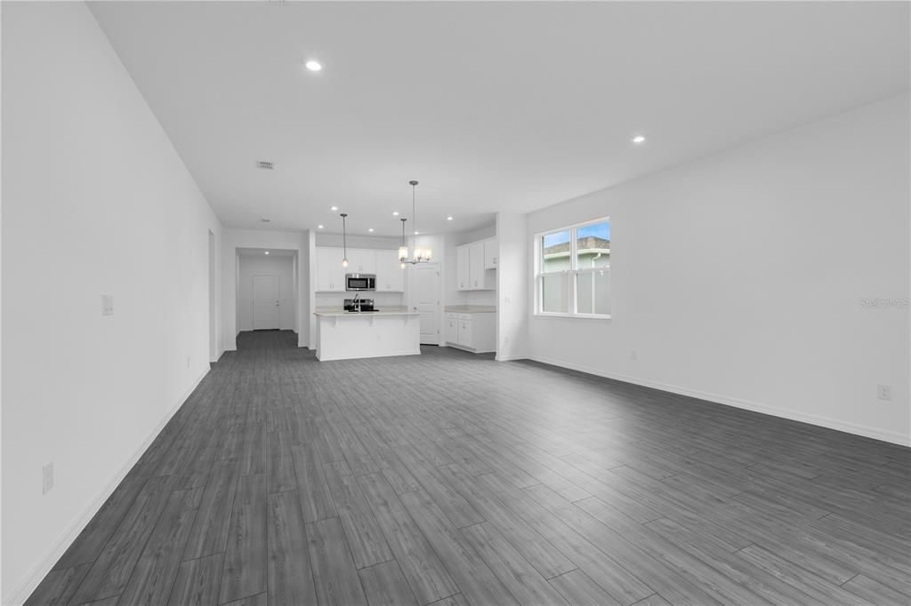 Empty room, Interior, Kitchen, Pendant Lights, Recessed Lighting, Wood Texture Flooring