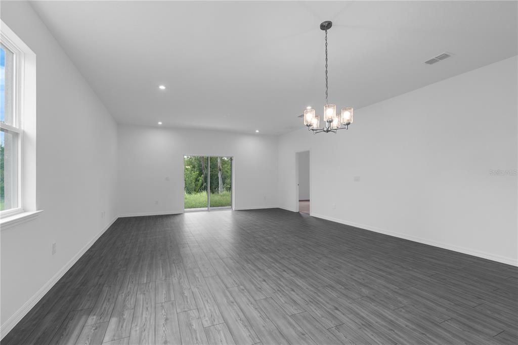 Chandelier, Empty room, Interior, Pendant Lights, Recessed Lighting, Wood Texture Flooring