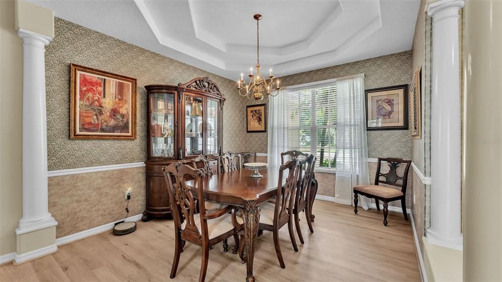 Chandelier, Dining room, Interior, Wood Texture Flooring