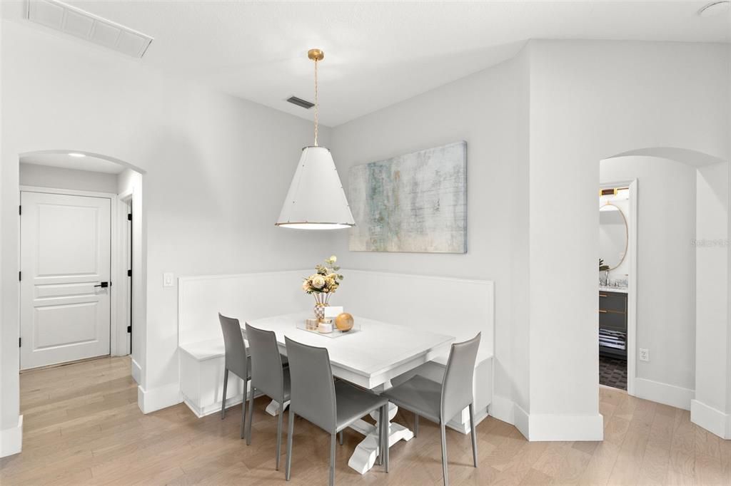 Dining room, Interior, Pendant Lights, Recessed Lighting, Wood Texture Flooring