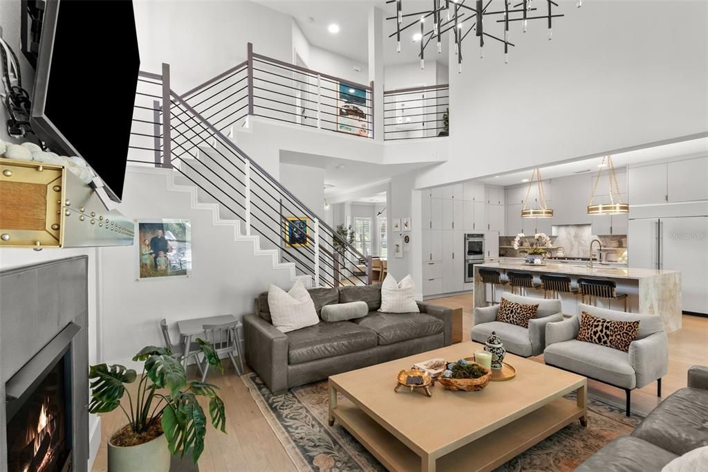 Fireplace, Interior, Kitchen, Living room, Pendant Lights, Recessed Lighting, Wood Texture Flooring
