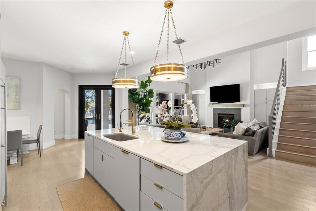 Dining room, Fireplace, Interior, Kitchen, Pendant Lights, Wood Texture Flooring