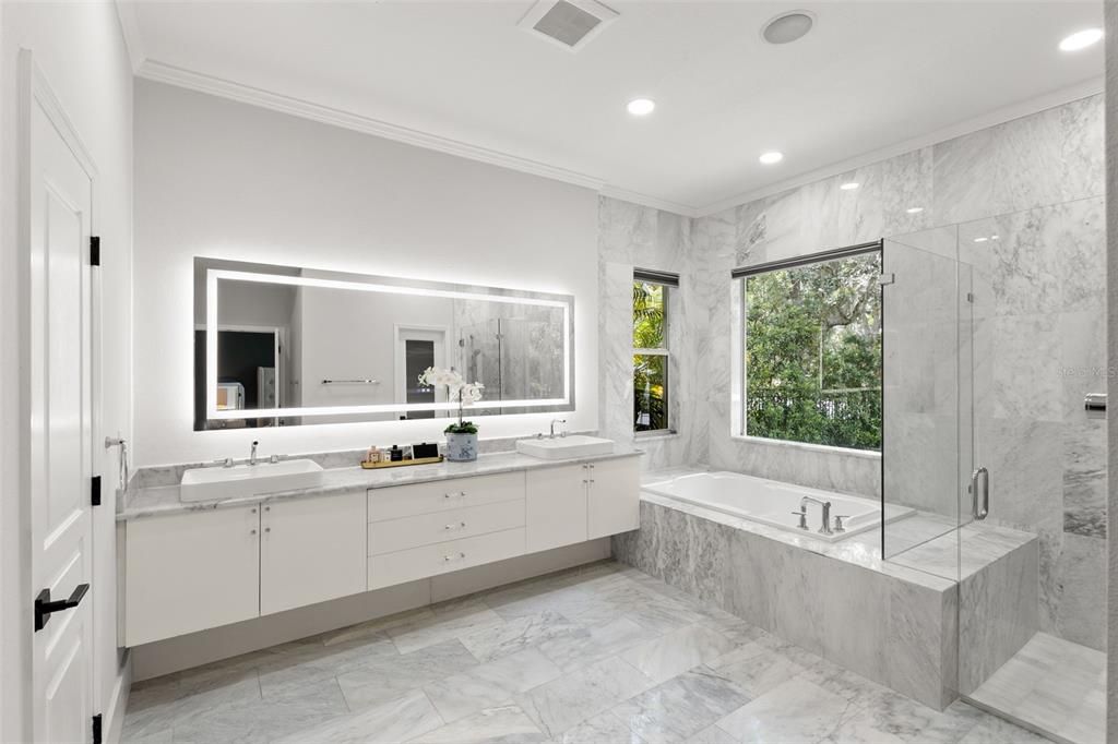 Bathroom, Dual Sink Vanities, Glass Shower, Interior, Marble, Marble Walls, Recessed Lighting
