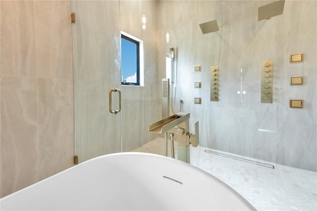 Bathroom, Free Standing Baths, Glass Shower, Interior, Marble Walls