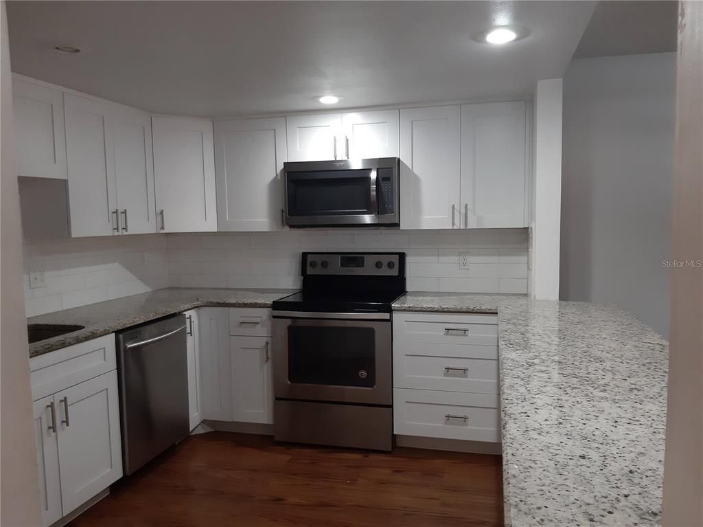 Interior, Kitchen, Recessed Lighting, Stainless Steel Appliances, Wood Texture Flooring