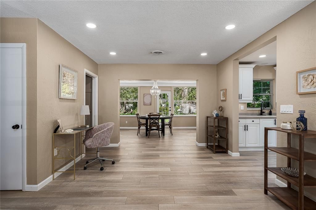Home Office, Interior, Pendant Lights, Recessed Lighting, Wood Texture Flooring
