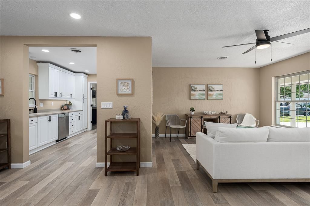 Dining room, Interior, Kitchen, Living room, Recessed Lighting, Wood Texture Flooring
