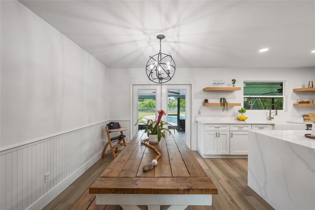 Chandelier, Interior, Kitchen, Pendant Lights, Recessed Lighting, Wood Texture Flooring