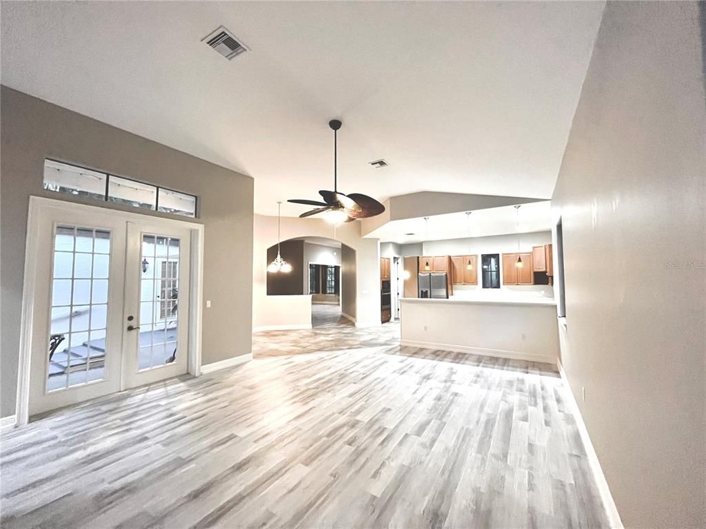 Empty room, Interior, Kitchen, Pendant Lights, Wood Texture Flooring