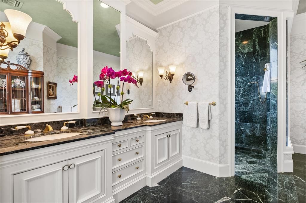 Bathroom, Dual Sink Vanities, Glass Shower, Interior, Marble, Marble Walls