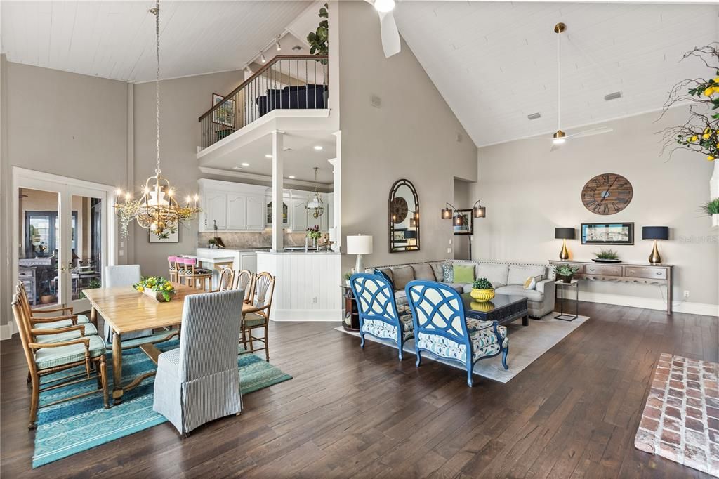 Chandelier, Dining room, Interior, Living room, Pendant Lights, Recessed Lighting, Wood Texture Flooring