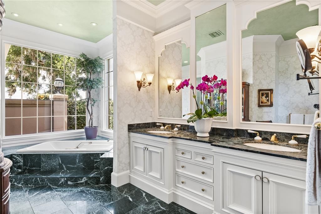Bathroom, Dual Sink Vanities, Interior, Marble, Recessed Lighting