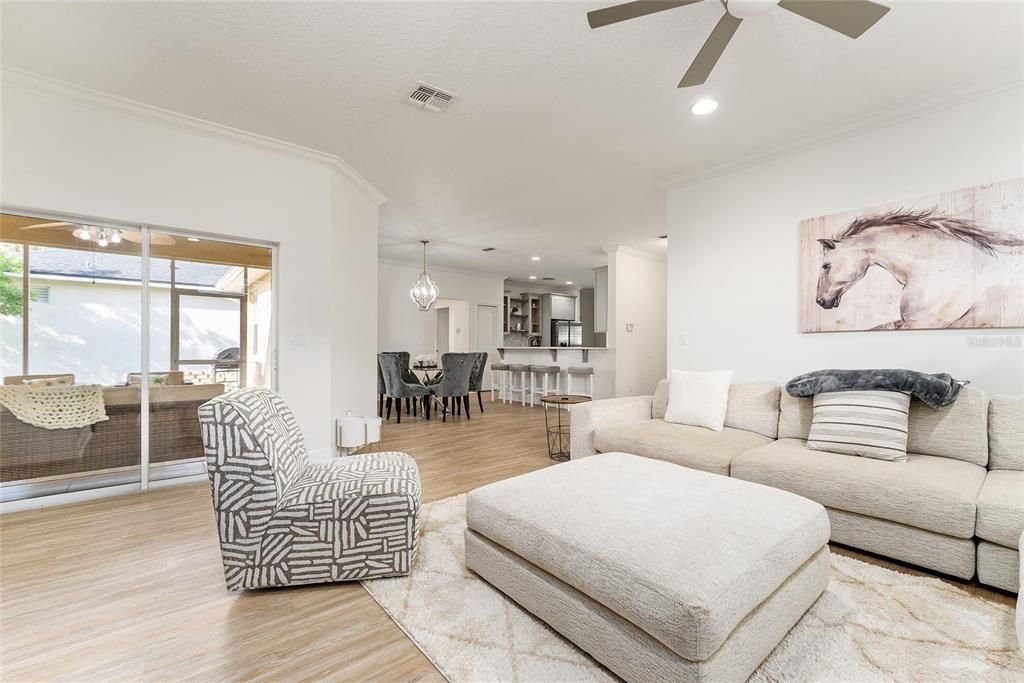 Dining room, Interior, Kitchen, Living room, Pendant Lights, Recessed Lighting, Wood Texture Flooring