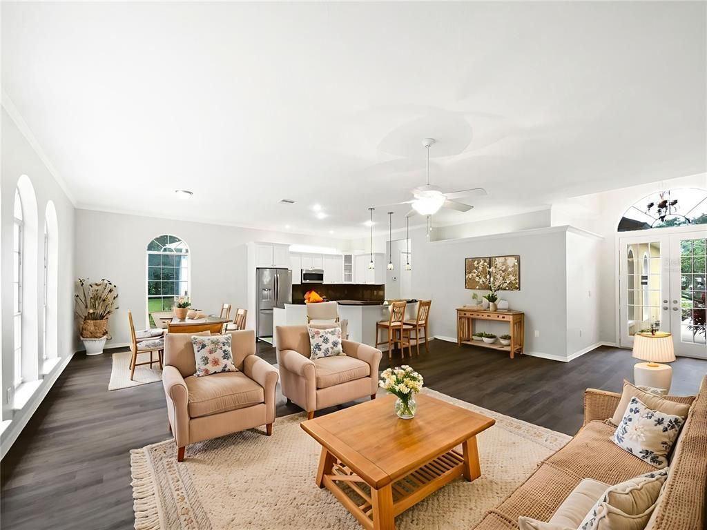 Dining room, Interior, Kitchen, Living room, Pendant Lights, Recessed Lighting, Stainless Steel Appliances, Wood Texture Flooring