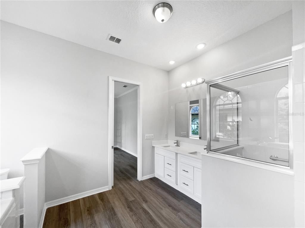 Bathroom, Glass Shower, Interior, Recessed Lighting, Wood Texture Flooring