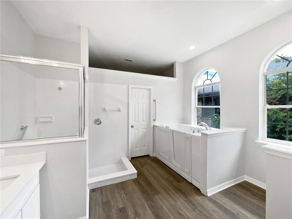 Bathroom, Glass Shower, Interior, Recessed Lighting, Wood Texture Flooring