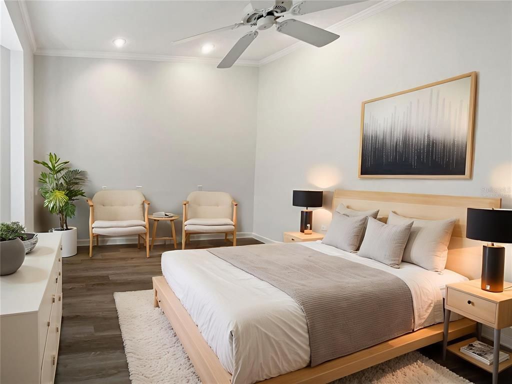 Bedroom, Interior, Recessed Lighting, Wood Texture Flooring