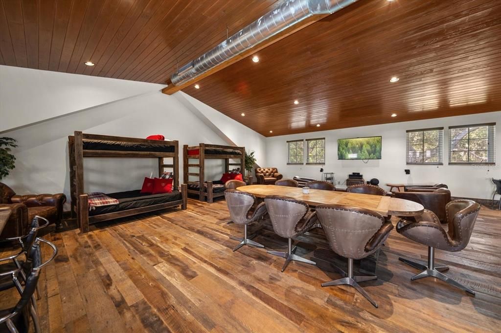 Dining room, Fireplace, Interior, Recessed Lighting, Wooden Ceilings, Wood Texture Flooring