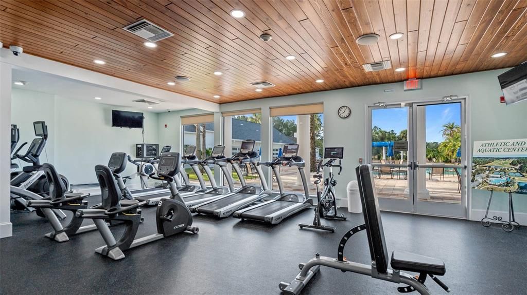 Fitness Equipment, Gym, Interior, Recessed Lighting, Wooden Ceilings