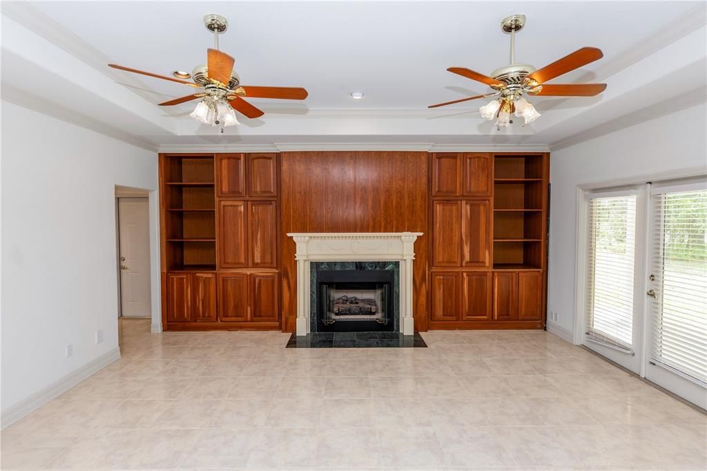 Empty room, Fireplace, Interior, Recessed Lighting, Wooden Walls