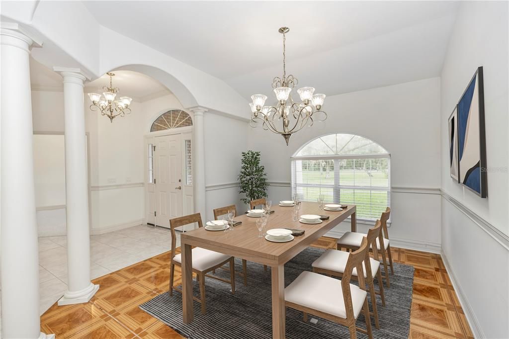 Chandelier, Dining room, Interior, Wood Texture Flooring