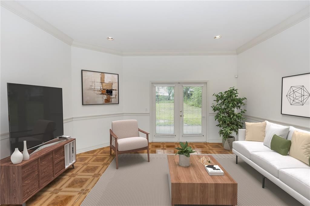 Interior, Living room, Recessed Lighting, Wood Texture Flooring