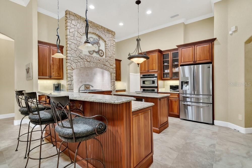 Fireplace, Interior, Kitchen, Pendant Lights, Recessed Lighting, Stainless Steel Appliances