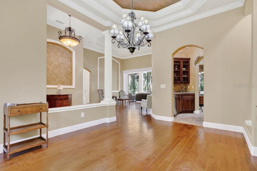 Chandelier, Dining room, Interior, Pendant Lights, Wood Texture Flooring