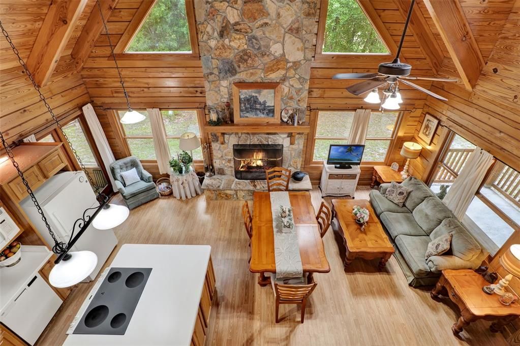 Fireplace, Interior, Living room, Pendant Lights, Stone Walls, Wooden Beams, Wooden Ceilings, Wood Texture Flooring, Wooden Walls