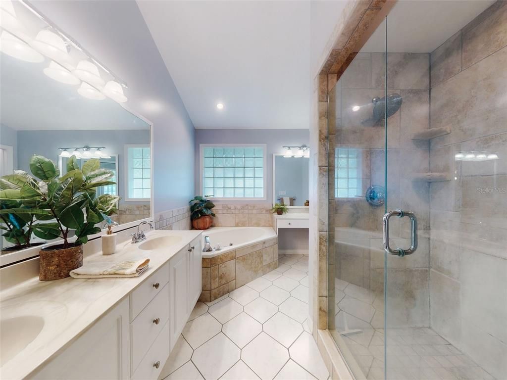 Bathroom, Dual Sink Vanities, Glass Shower, Interior, Recessed Lighting