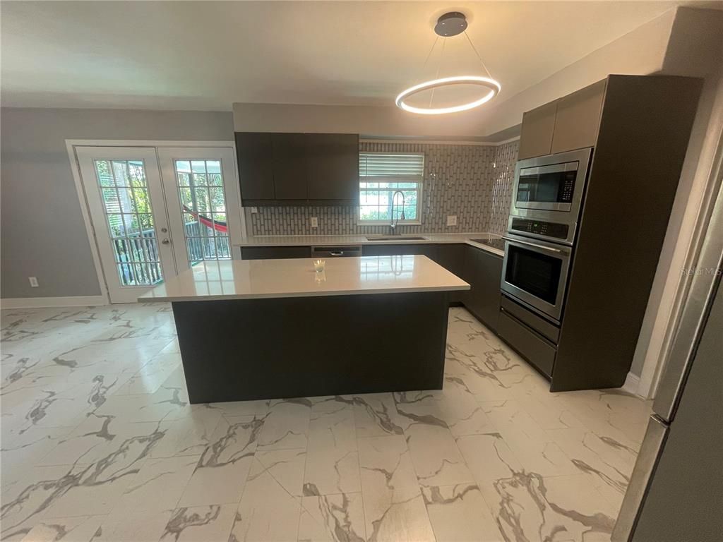 Interior, Kitchen, Marble, Pendant Lights, Stainless Steel Appliances