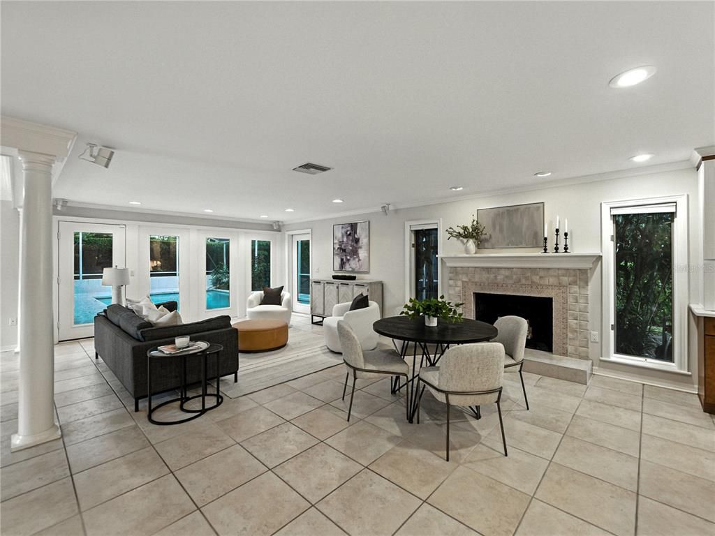 Dining room, Fireplace, Interior, Living room, Recessed Lighting