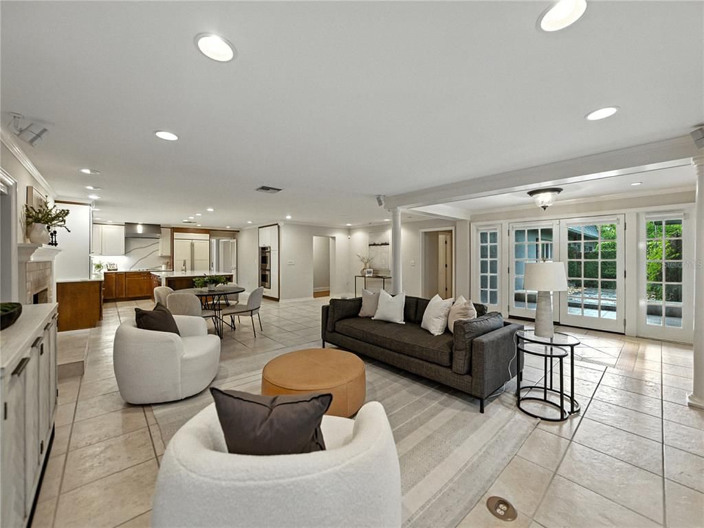 Dining room, Fireplace, Interior, Living room, Recessed Lighting