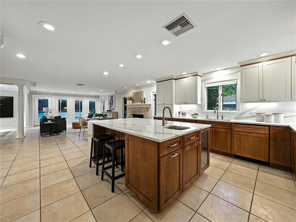 Fireplace, Interior, Kitchen, Living room, Recessed Lighting