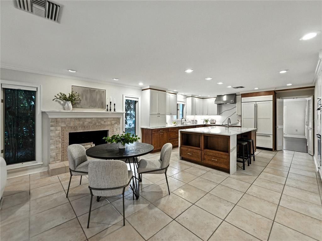 Dining room, Fireplace, Interior, Kitchen, Recessed Lighting