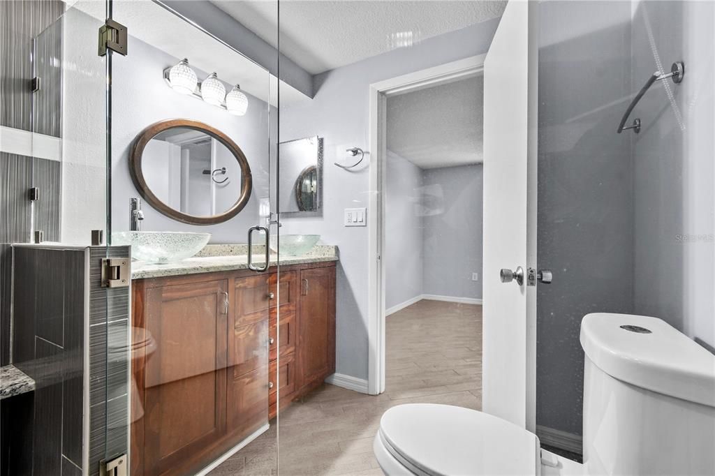 Bathroom, Glass Shower, Interior, Wood Texture Flooring