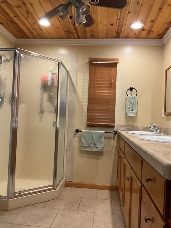 Bathroom, Glass Shower, Interior, Recessed Lighting, Tile Countertops, Wooden Ceilings