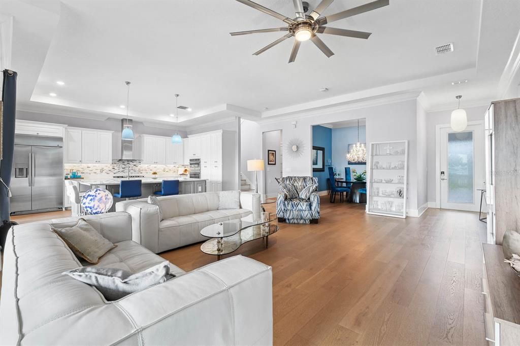 Dining room, Interior, Kitchen, Living room, Pendant Lights, Recessed Lighting, Stainless Steel Appliances, Wood Texture Flooring
