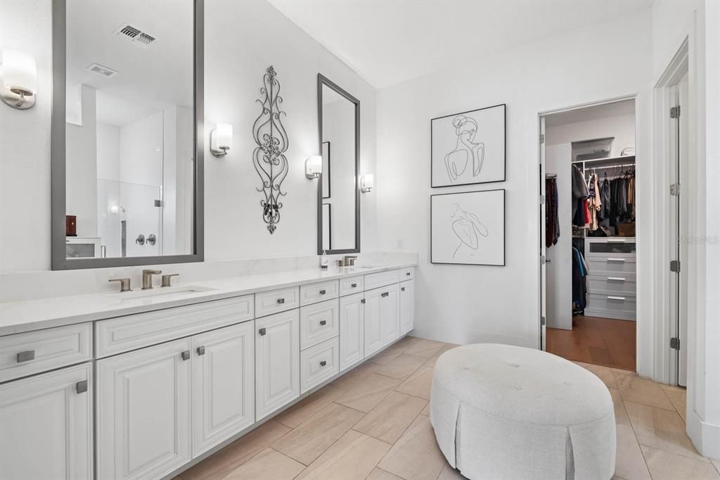 Bathroom, Dual Sink Vanities, Interior, Walk-in Closets, Wood Texture Flooring