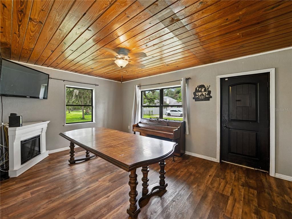 Fireplace, Home Office, Interior, Wooden Ceilings, Wood Texture Flooring