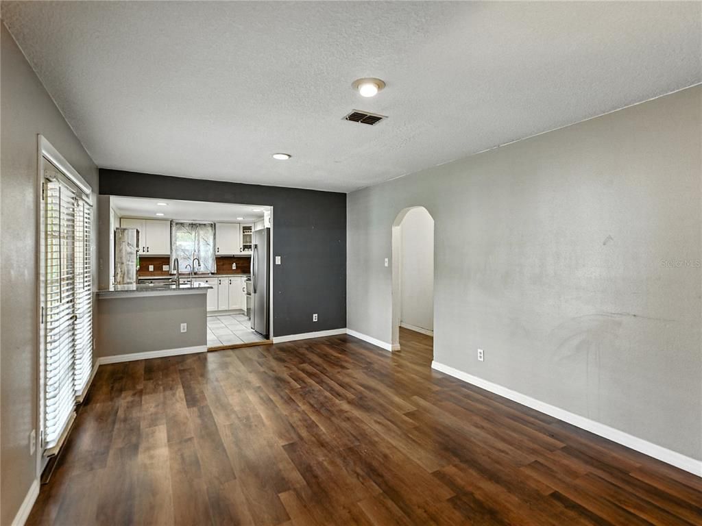 Empty room, Interior, Kitchen, Recessed Lighting, Wood Texture Flooring