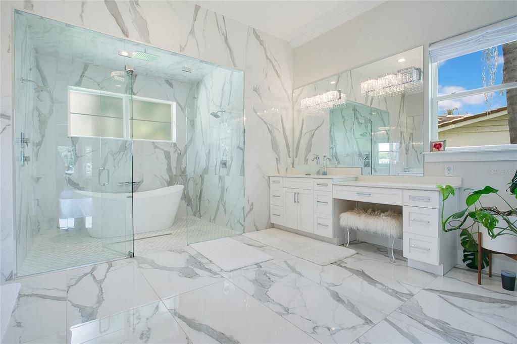 Bathroom, Free Standing Baths, Glass Shower, Interior, Marble, Marble Walls, Recessed Lighting