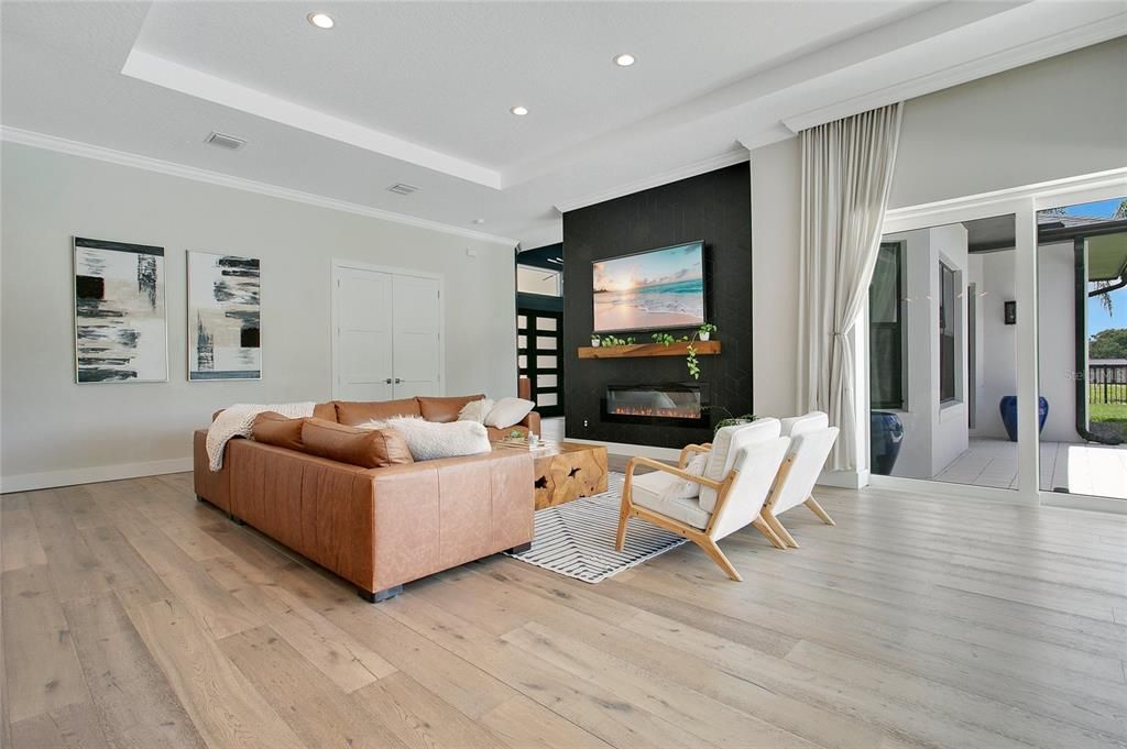 Fireplace, Interior, Living room, Recessed Lighting, Wood Texture Flooring