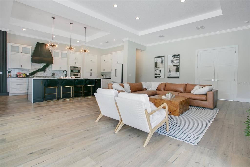 Interior, Kitchen, Living room, Pendant Lights, Recessed Lighting, Stainless Steel Appliances, Wood Texture Flooring