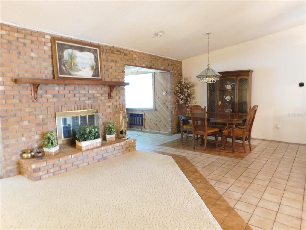 Dining room, Fireplace, Interior, Pendant Lights, Stone Walls