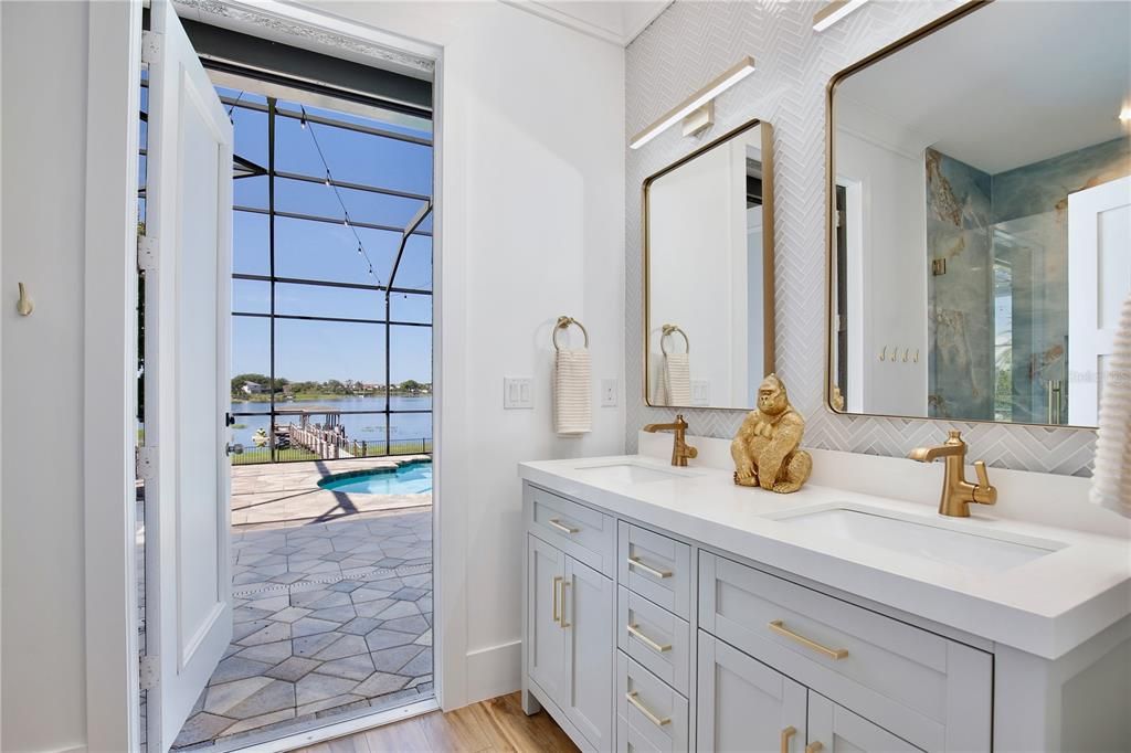 Bathroom, Dual Sink Vanities, Glass Ceilings, Interior, Water, Wood Texture Flooring