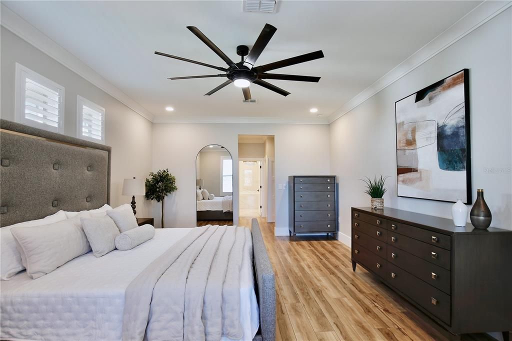 Bedroom, Interior, Recessed Lighting, Wood Texture Flooring
